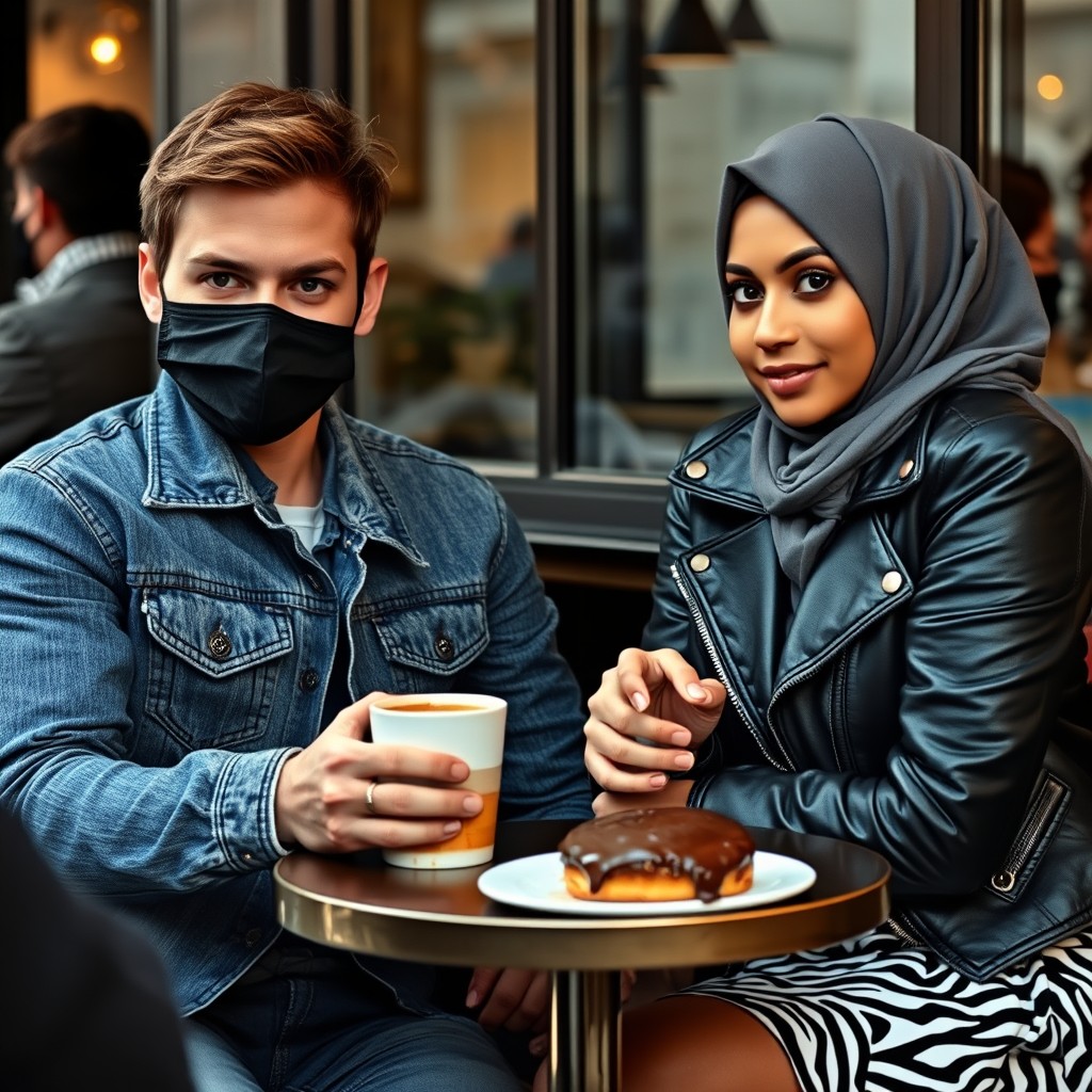 Jamie Dornan's head and body shot, handsome, black face mask, blue jeans jacket, jeans, dating a Muslim girl in a grey hijab, beautiful eyes, black face mask, black leather jacket, biggest zebra pattern skirt, at a cafe, 2 cups of latte, muffin cake, chocolate donut on a table, with another 3 friends, photorealistic, hyper-realistic, street photography, selfie. - Image