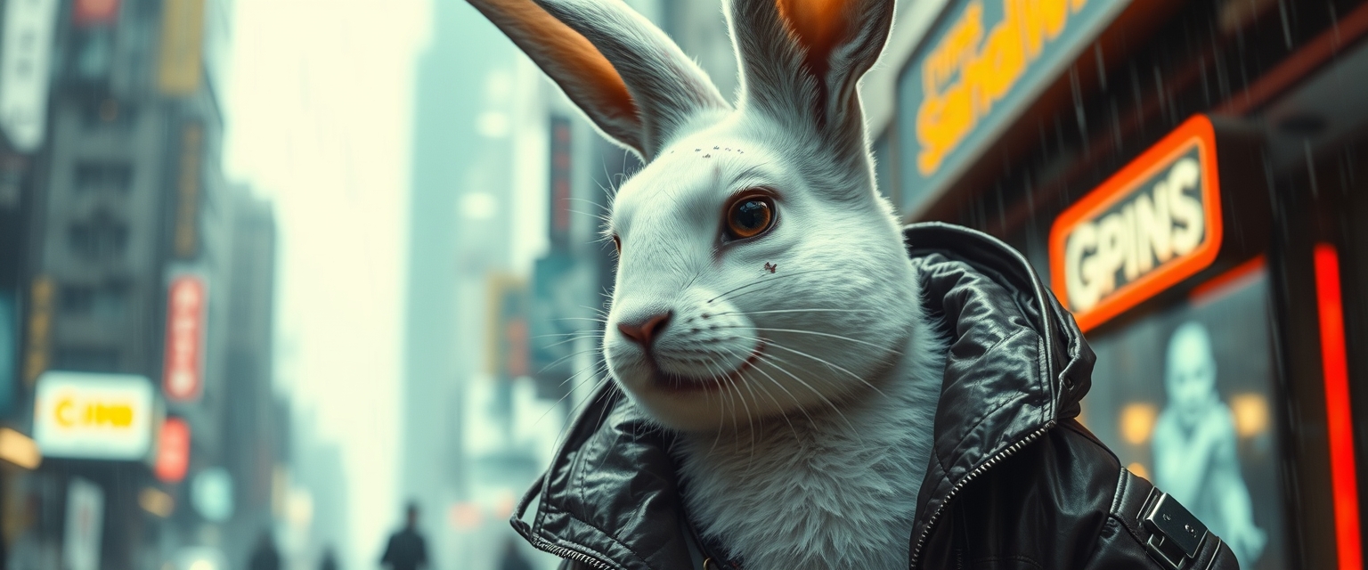 An adult white rabbit stands in a cyberpunk city, in the rain. He's wearing a cyberpunk-style jacket. The rabbit has an augmentation on his right eye and a lot of scars. Cyberpunk implants are visible on the cat. A masterpiece, maximum detail, cinematography. - Image