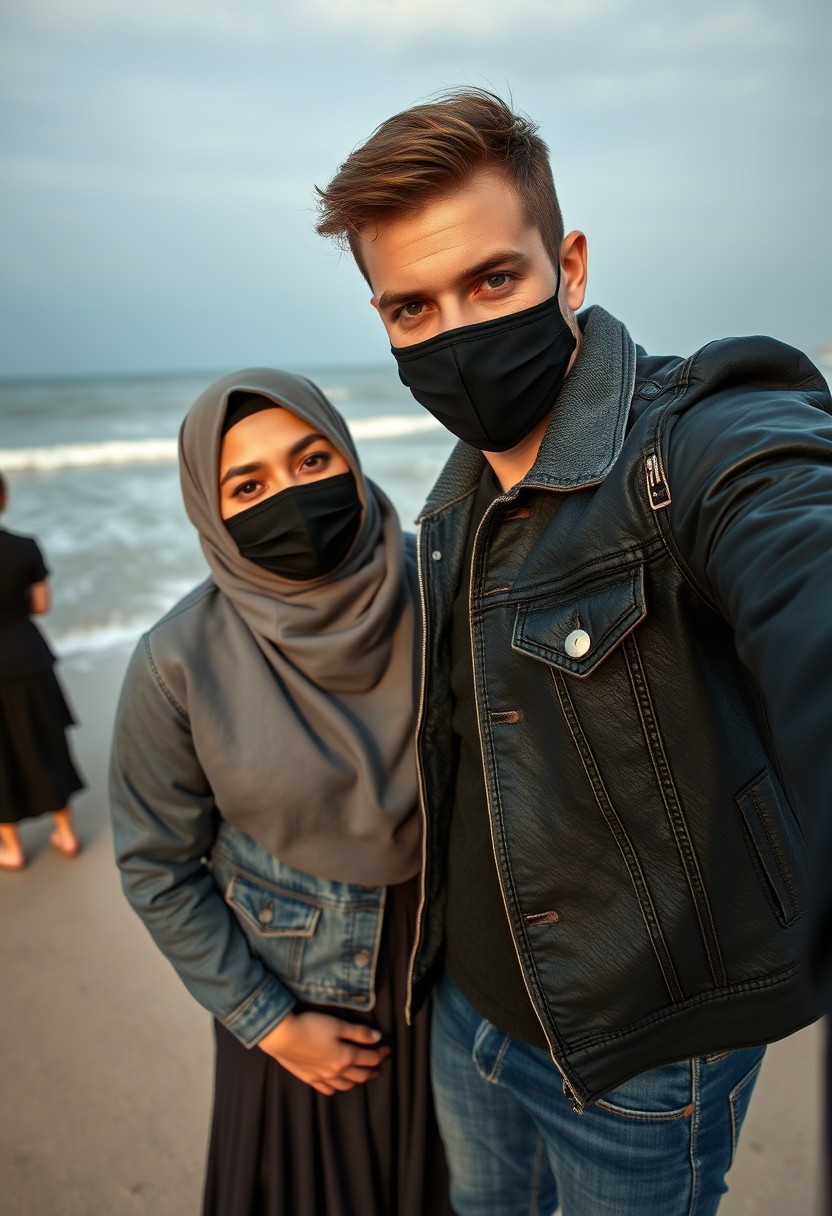 Jamie Dornan's head and body shot, handsome, black face mask, denim jacket, jeans, dating, couple, with the tallest gray hijab-wearing Muslim girl, beautiful eyes, black face mask, black leather jacket, biggest skirt, hyper-realistic, studio photography, at the beach, selfie. - Image