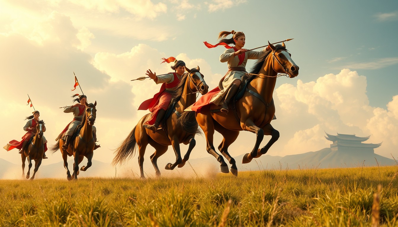 The Chinese people are riding horses and shooting arrows while running swiftly on the grassland.