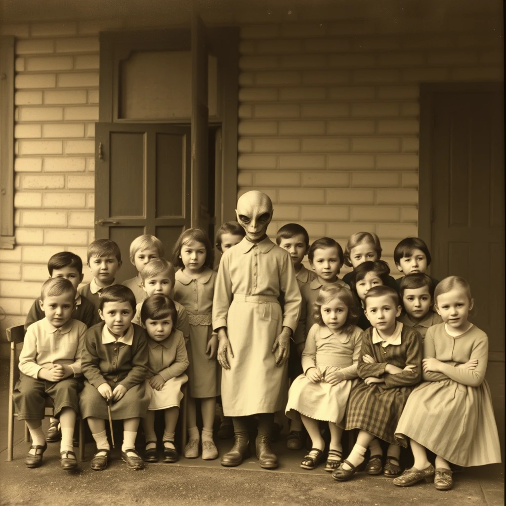 Old school class photo of a rural school in Germany, but with an alien as a teacher in the middle, old sepia photograph style, --ar 16:9 --v 5.0 --s 250.