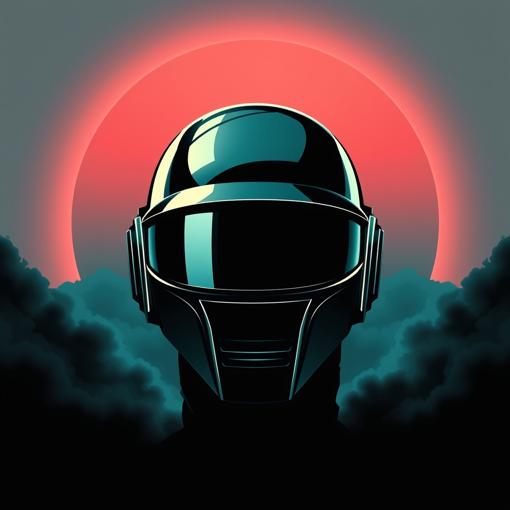 Daft Punk Mask in vector art style for a poster or T-shirt, featuring a large sun-like circle in the background, layered with dark grey clouds and tetradic color. The design includes black canvas, dark teal accents, and a sinister atmosphere, reminiscent of album art and CD cover artwork.