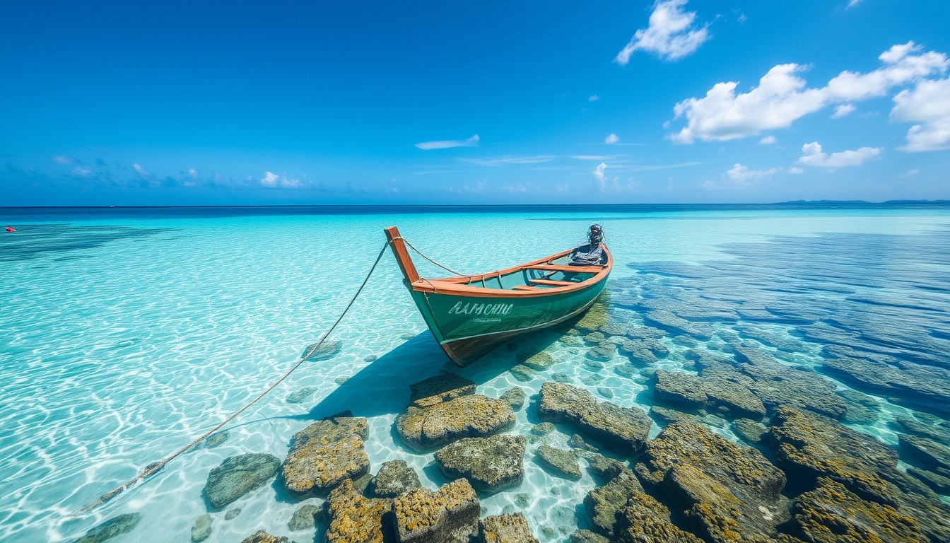 A tranquil beach with a glass-bottomed boat floating over a coral reef.