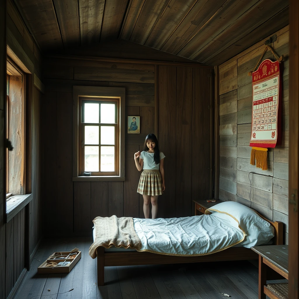 In a dilapidated wooden cabin, there is a bed, and one wall of the room has a Chinese-style calendar hanging on it, while there is a Japanese female student in a skirt in the room. Note that the cabin is very large and has a window. - Image