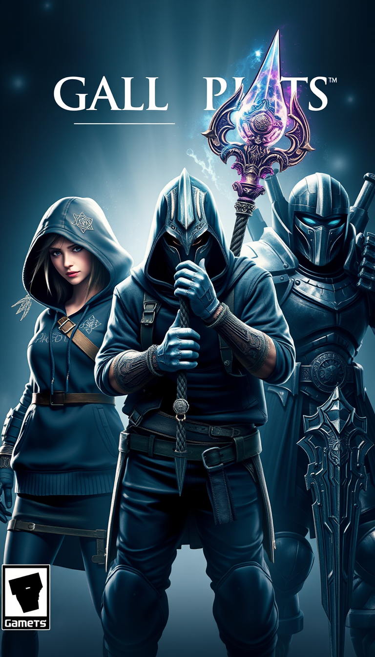 3 different video game characters in fantasy and medieval styles: a female character wearing a hoodie with enchanted symbols, a male character with a helmet holding a magical staff, and a space marine character in armor in the style of a knight. Game cover, epic theme, ultra detailed.