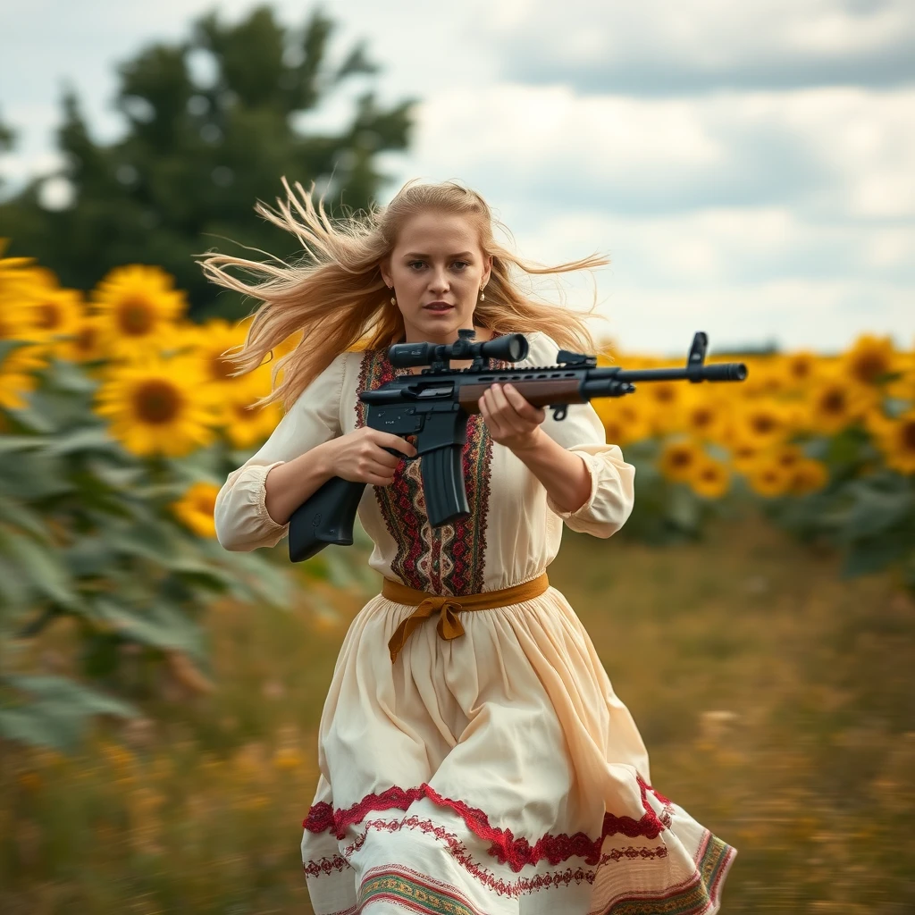 A 20-year-old Ukrainian woman running in front of the camera in a sunflower field, blonde, holding a sniper rifle, (Ukrainian traditional costume: 1.4), style by Rick Remender, motion blur, action, full body, award-winning work.