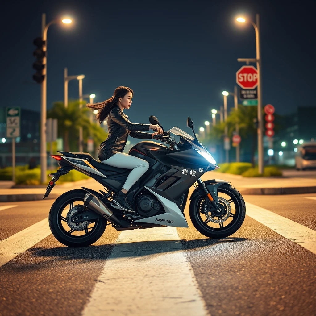 At the crossroads, there is a woman riding a futuristic motorcycle, with Chinese characters or Japanese.