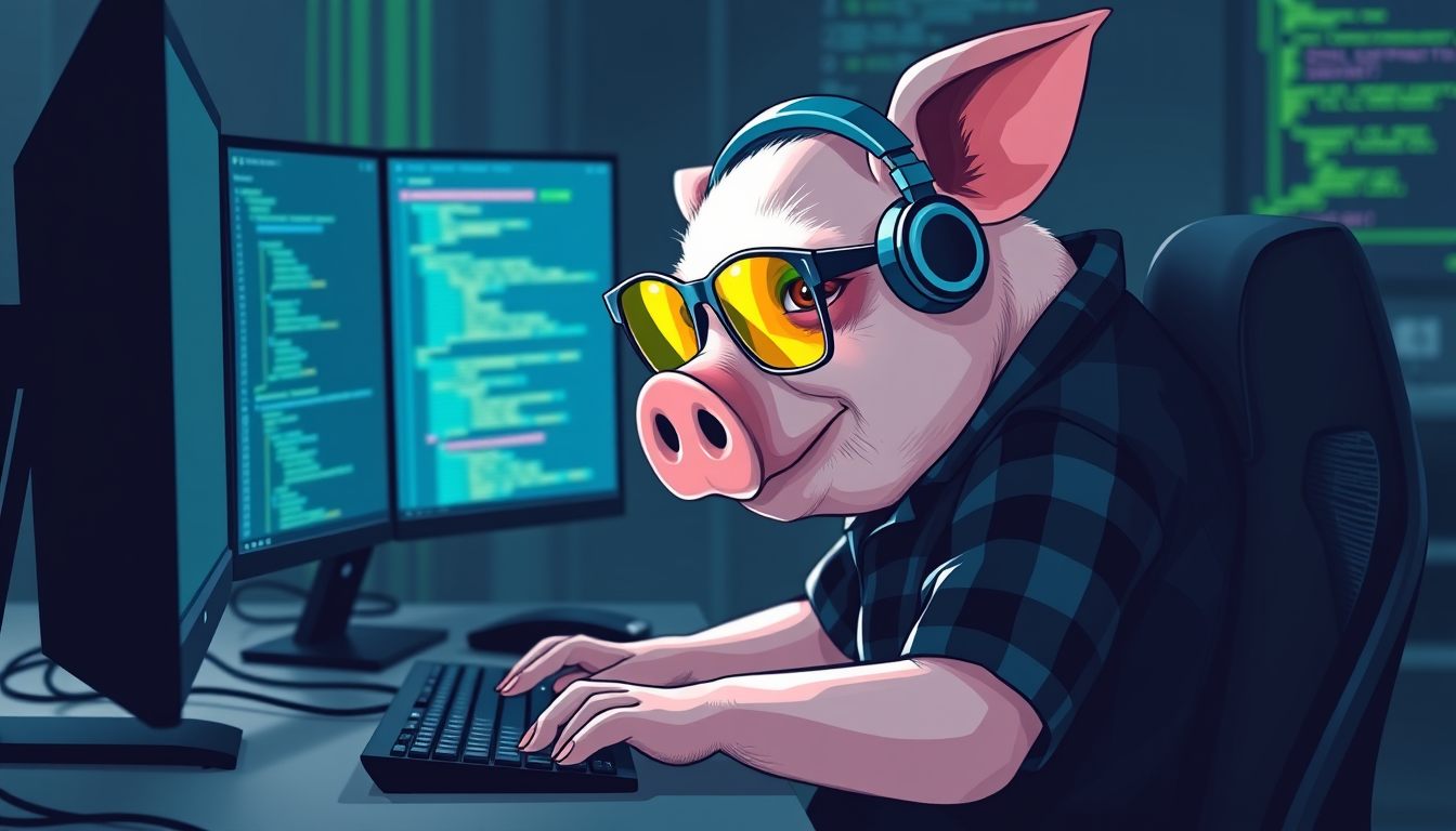 A tech-savvy pig coder, wearing yellow-tinted glasses and sleek noise-cancelling headphones, hunches over a cutting-edge multi-monitor setup. The anthropomorphic pig exudes focus, typing furiously while dressed in a plaid t-shirt. - Image