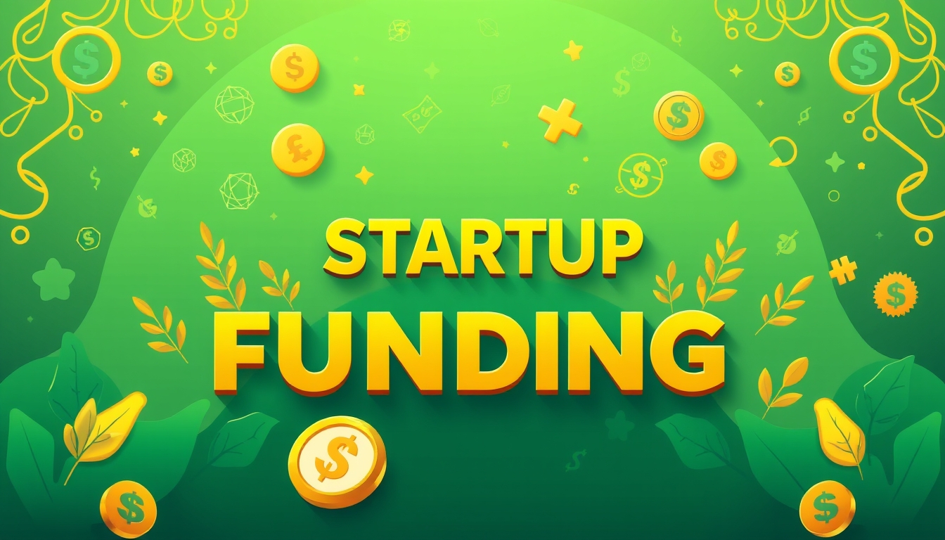 Startup funding illustration in green and gold with financial motifs.