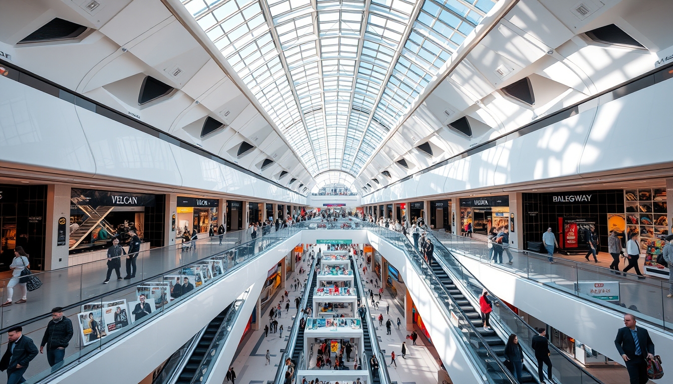 A futuristic shopping mall with glass ceilings and escalators, filled with shoppers.