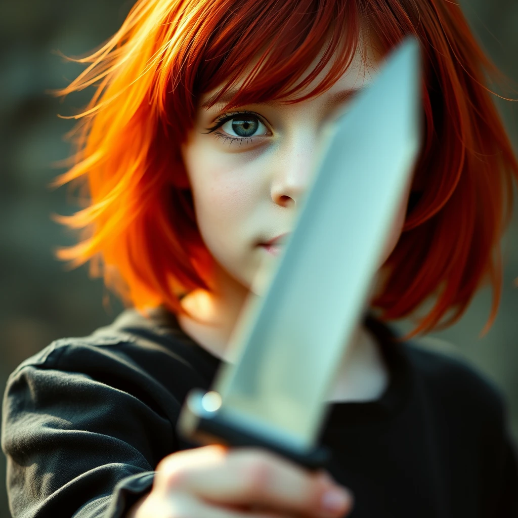 Red-haired girl holding a blurred knife in her hand.