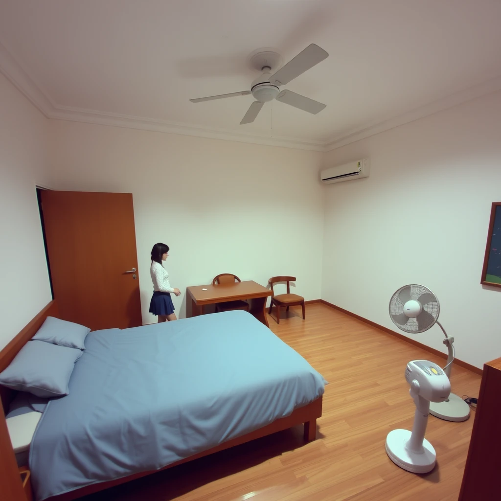 In the room, there is a bed, a table and chairs, the room is very big, and two girls are chatting, there is a fan.