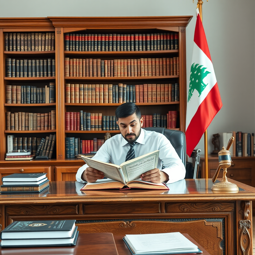 Young Middle Eastern lawyer sitting at a desk reading a book, behind a bookshelf full of legal books, the desk is old oak wood beautifully crafted, the office is big and full of beautifully made furniture, in the corner of the office, the flag of Lebanon on a pole. - Image