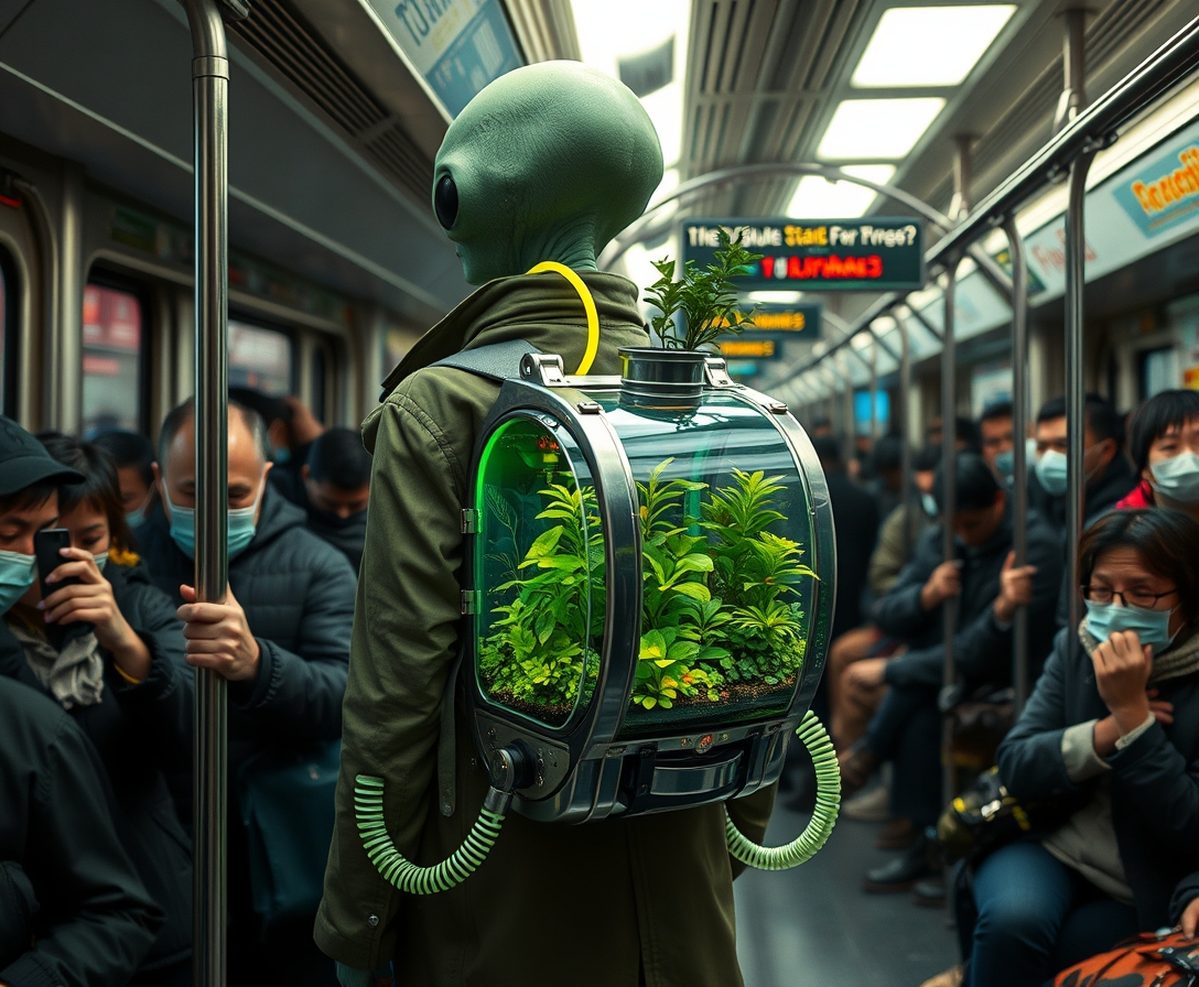 A humanoid alien is wearing a long jacket in a crowded subway train, with a transparent, cylindrical backpack terrarium filled with neon lush greenery and small plants. The terrarium features metallic accents and a neon hose connected to it, giving it a futuristic appearance. The subway is packed with human passengers, many of whom are wearing masks and holding onto the handrails. The setting is busy and urban, highlighting a contrast between the natural elements in the terrarium and the modern, bustling environment.