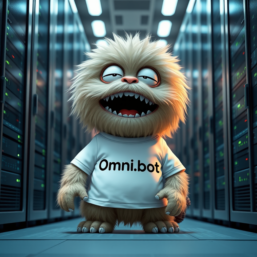 A fluffy cute baby monster wearing a white t-shirt branded "Omni.bot" eating data in a huge datacenter. - Image