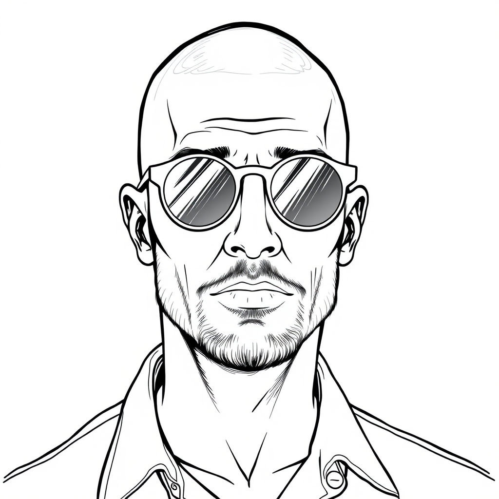 A cool line drawing of a man around 35 years old, with a buzz cut, wearing round-framed sunglasses, a bit of a short beard on his chin, in a shirt, with a full face and clean, fresh skin.