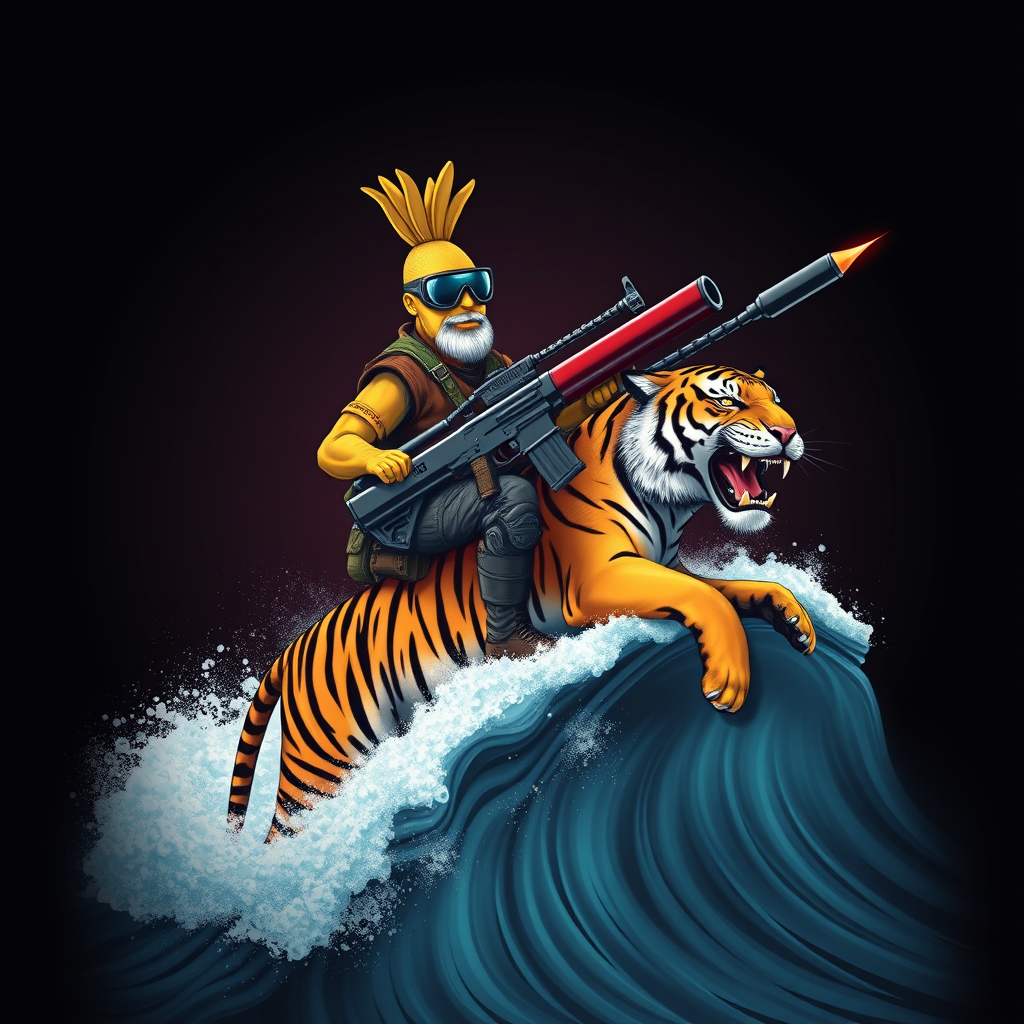 A tee shirt design of a sentient anthropomorphic determined banana man dressed in Rambo gear, carrying a huge rocket launcher with one hand, a huge chain gun in the other hand, while surfing on a Bengal tiger on a huge ocean wave. Epic design. Fading to black around the entire boundary of the image. Vibrant future punk colors. - Image