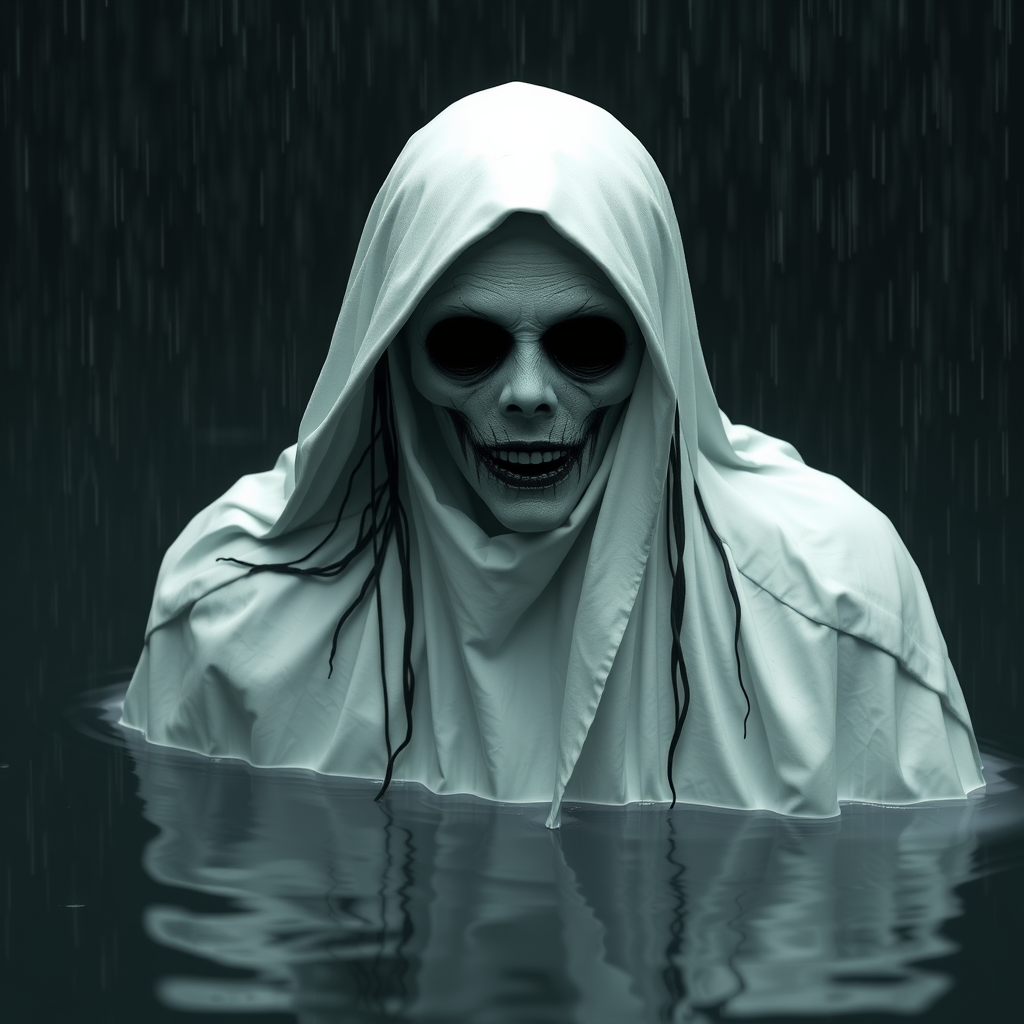 A scary La Llorona in white in water. Only the head and shoulders peep out of the water. She has no eyes, only black. She has black lips. Pale mangled face. She is wet. 3D model. Dark. Mist. Rain.