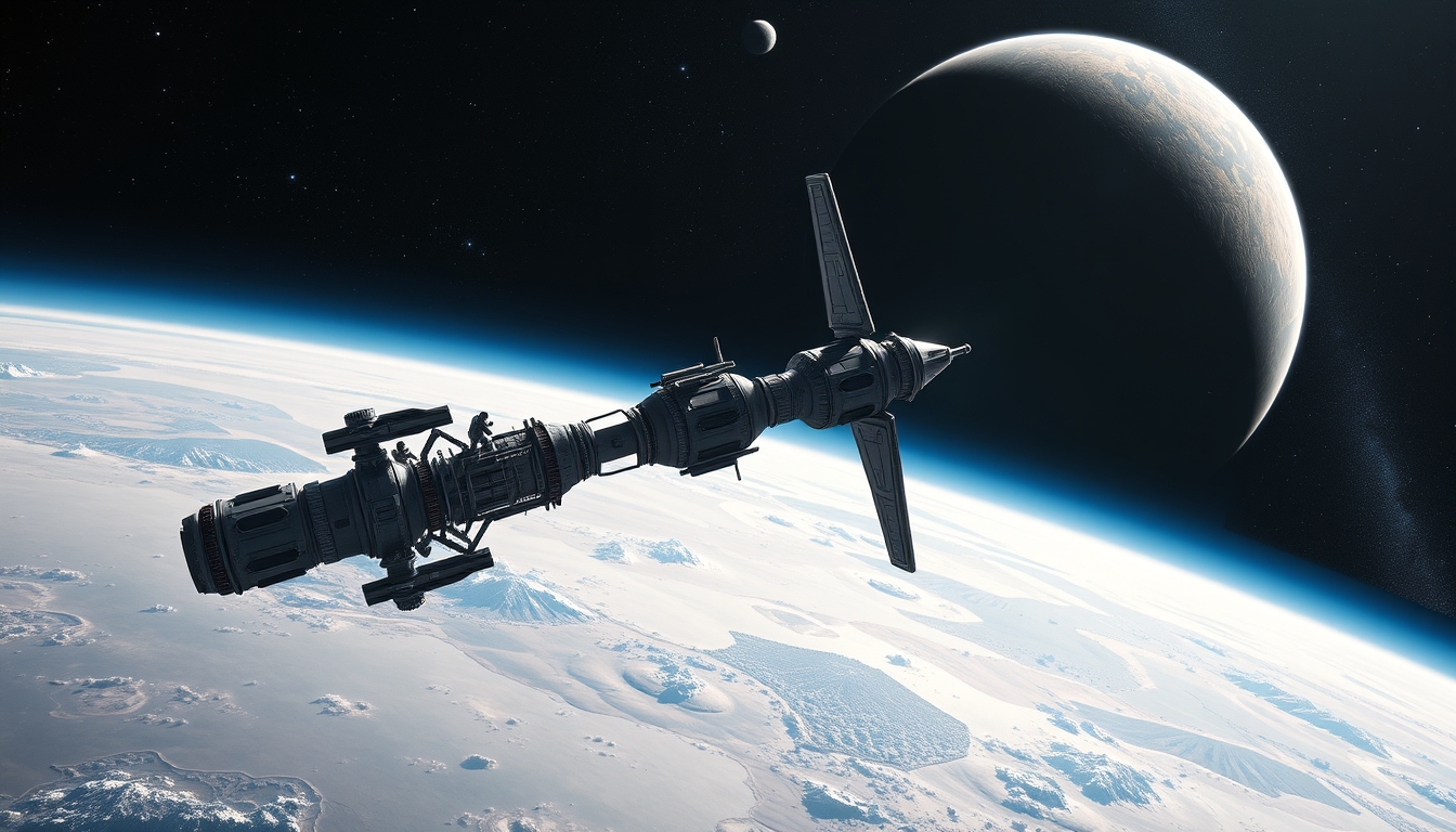 A high-detail render of a futuristic space station orbiting a distant planet, with astronauts conducting a spacewalk and distant galaxies in the background.