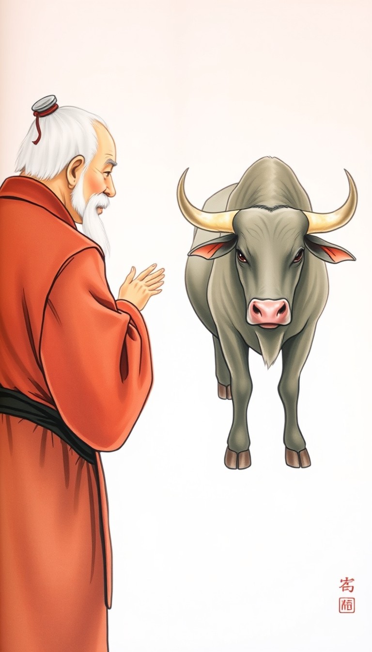 An elderly man in traditional Chinese clothing, facing a Chinese ox, illustrated in a picture book style with a simple, light white background. - Image