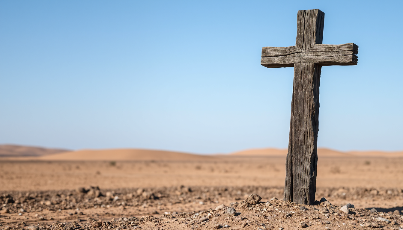 An old dilapidated wooden cross planted in the middle of a barren desert. The cross is standing upright on the right side of the image. The cross is made of dark wood and appears to be old and weathered, with a rough texture and deep grooves. The surface of the wood is rough and uneven, with some areas of the surface appearing darker and more jagged. The overall scene is desolate. - Image