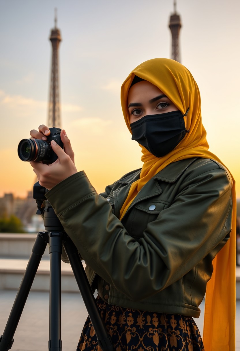 Biggest hijab yellow Muslim girl, beautiful eyes, face mask black, green army leather jacket pattern, biggest skirt, camera DSLR Canon, tripod, taking photos of Eiffel Tower, sunrise, morning scenery, hyper-realistic, street photography. - Image