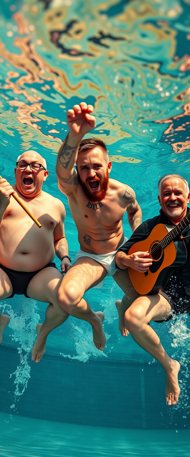 A funny photo of three men in swimsuits jumping into a pool while shouting captures the moment they are in the air from a low angle under the water. The first one is 52 years old, tall at 1.90 meters, bald, wears glasses, has fair skin, is thin but with a prominent belly, and has a large tattoo on his left arm; he is holding drumsticks in one hand. The second man is 27 years old and two meters tall; he has numerous small tattoos all over his body, a little red beard, and short hair; he has fair skin and is holding an acoustic guitar in one hand. The third man is 1.90 meters tall and 57 years old, slim, has short hair, fair skin, and no tattoos; he is wearing a dark shirt with a patch. It's summer light, with funny expressions and bokeh.