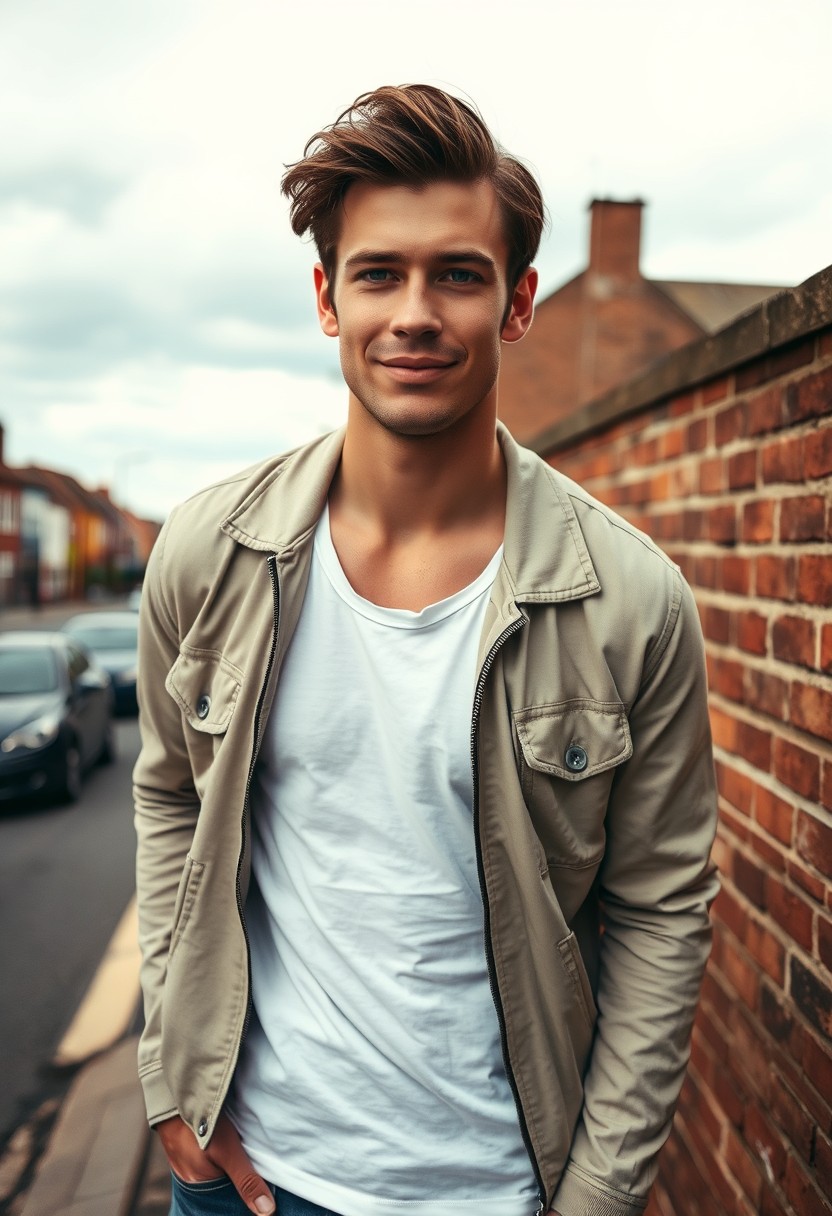 Jamie Dornan head and body shot, handsome, young, serious face, dark brown hair, white t-shirt, collage jacket, skinny jeans, sneakers, standing in a hot style, flirting face smile, touching lips, near town road, hyper-realistic, street photography, brick wall, full body photo. - Image