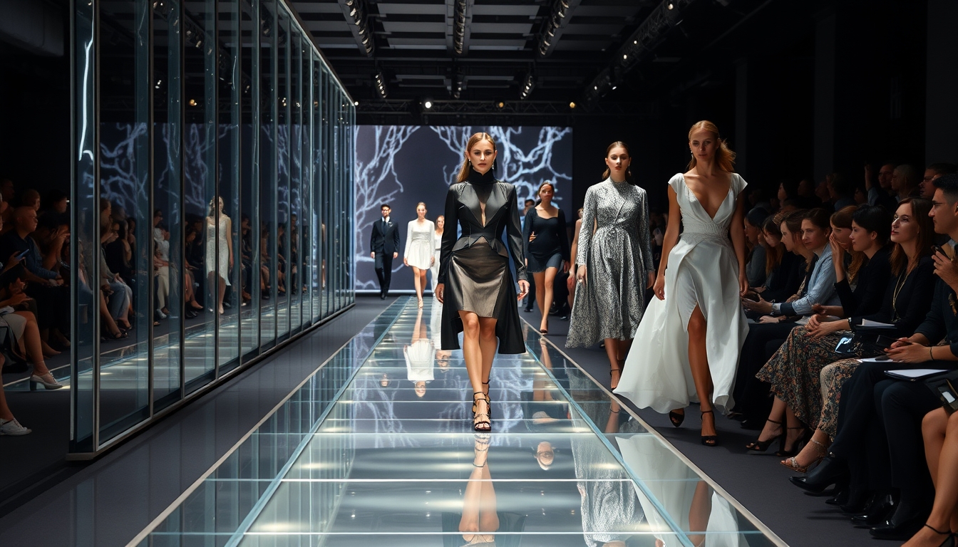 A high-end fashion show with models walking down a glass runway. - Image