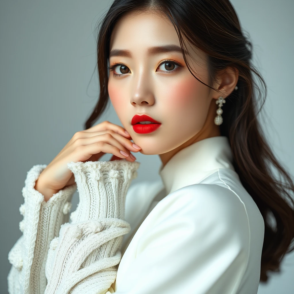 Graceful Korean model, exuding charm and poise, captured in a high-fashion photography setting that harmoniously combines artistic elements with a touch of allure. The image highlights a refined presentation of elegance, featuring high-definition textures and meticulous lighting, showcased in an elegant aspect ratio, full-body, snow white.