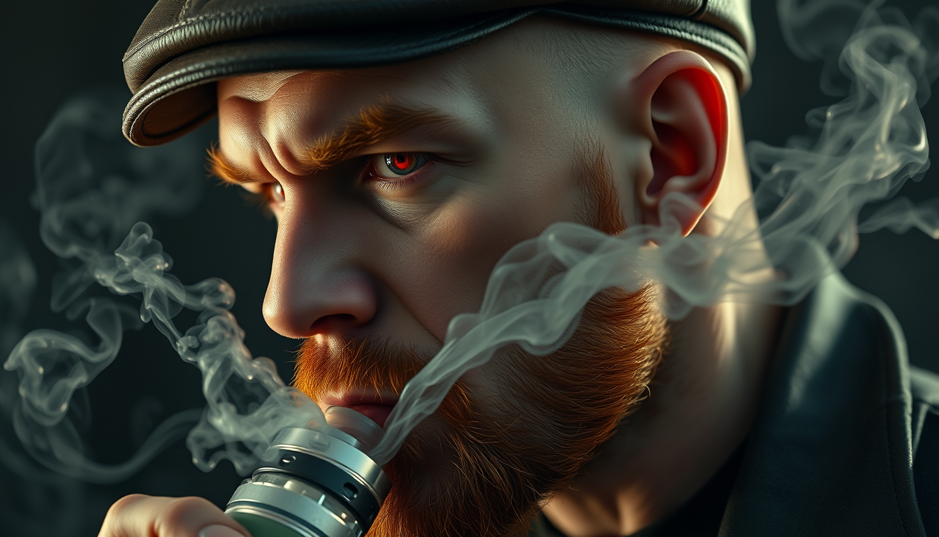 Hyper-realistic three-quarter portrait of a demonized white male, bald with meticulously detailed ginger stubble, donning a worn leather flatcap. Piercing red eyes gleam as he exhales dense, swirling vapor clouds from an intricately designed chrome vapemod. Iridescent e-liquid droplets suspended mid-air.