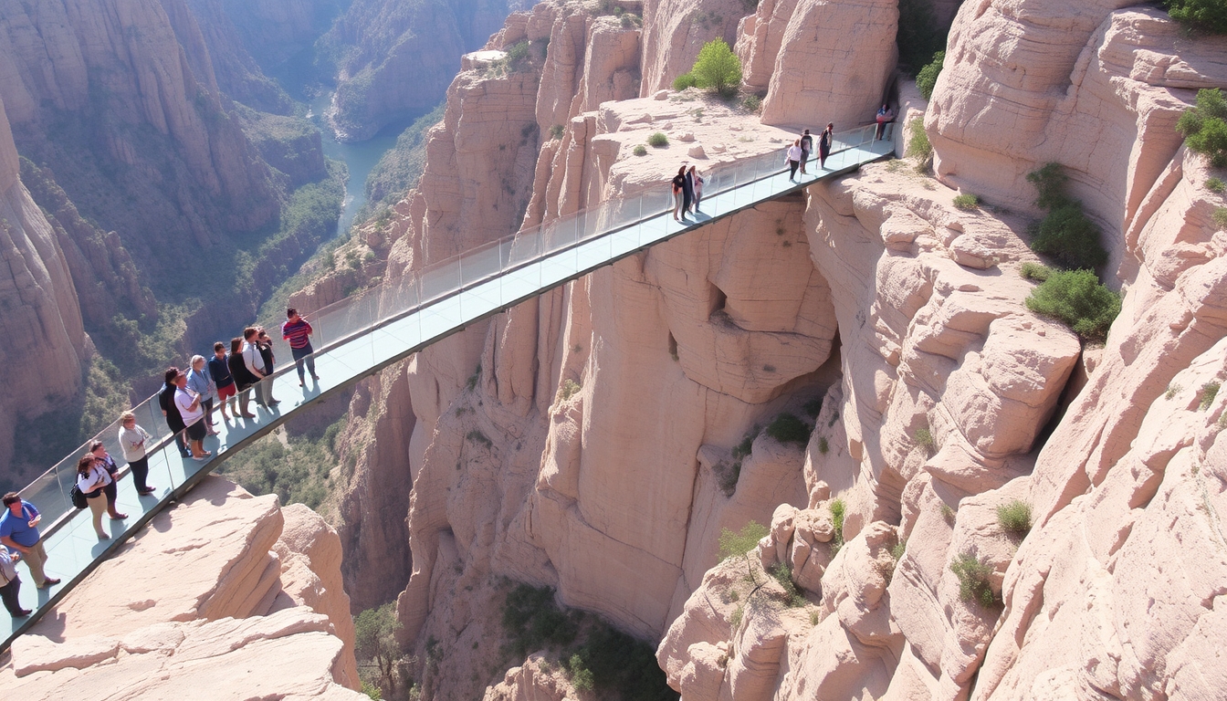 A glass bridge spanning a deep canyon, with tourists marveling at the view below. - Image