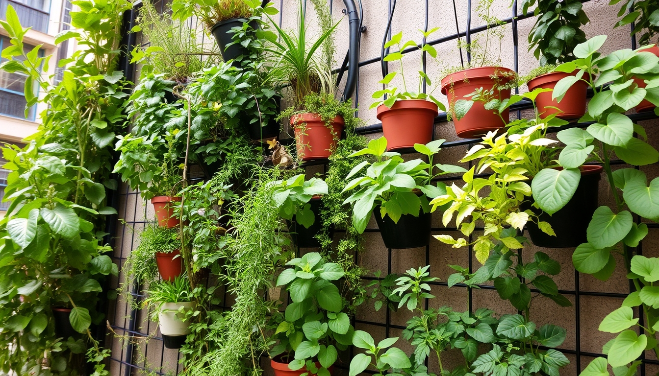 Vertical garden in an urban setting, lush with various plants and herbs.