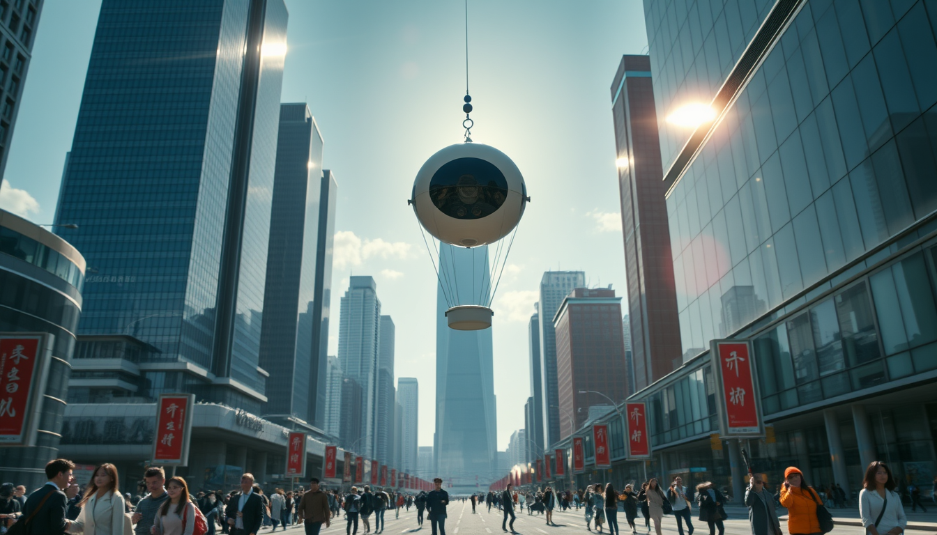 Create a stunning high-resolution image of a futuristic city. The skyline should be filled with towering skyscrapers and a handful of hidden Chinese signs. Include a light-colored elliptical balloon-type robot hurtling through the air, with tiny black balancers on either side of the balloon; no ropes should appear. The streets should be bustling with people dressed in fashion-forward styles. Highlight the small balloon-type robot, performing its rounds in the sky, and the beautiful sunlight reflecting on the glass surfaces of the buildings, creating an atmosphere of excitement and innovation. Very clear and realistic details, complementary colors, optimal quality.