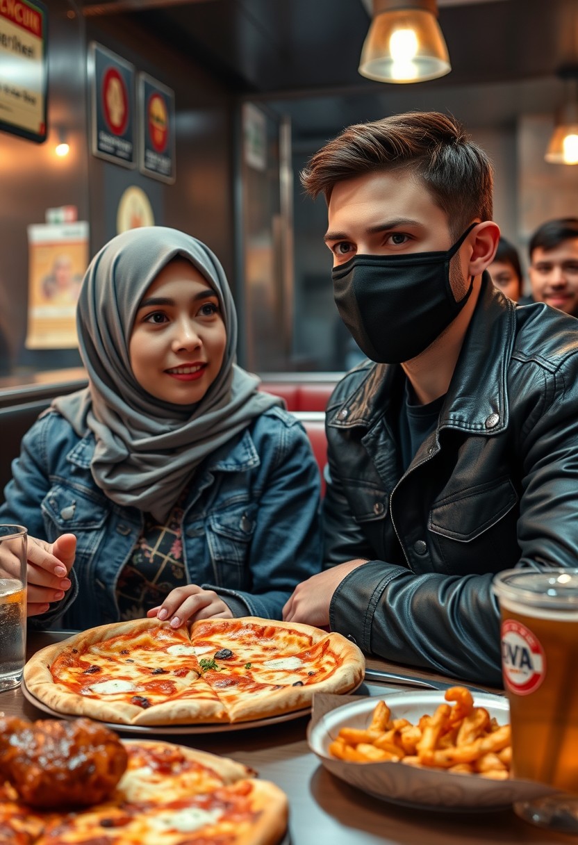 Jamie Dornan's head and body shot, handsome, young, wearing a black face mask, blue jeans jacket, jeans, on a date with a Muslim girl in a grey hijab, beautiful eyes, also wearing a black face mask, black leather jacket, a large floral skirt, at a hot pizza fast food restaurant, a plate of cheese pizza slices, a plate of Korean fried chicken and fries, a glass of soft drink, eating with 3 other random smiling friends in the background, photorealistic, hyper-realistic, street photography. - Image