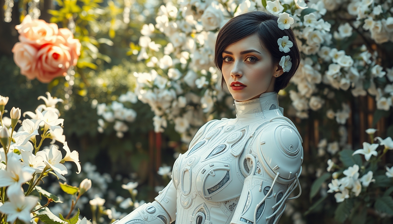 An interpretation of a cyborg white brunette European woman (brunette short hair) is wearing a white and transparent electronic suit made of electronic white pieces intertwined with white flowers and lace, in the middle of a futuristic Renaissance Italian garden, in the style of mechanical realism, human connections, mythological subjects, Cybelem mythological figure, painting like Giovanni Bellini --chaos 10 --ar 16:9 --stylize 150. - Image