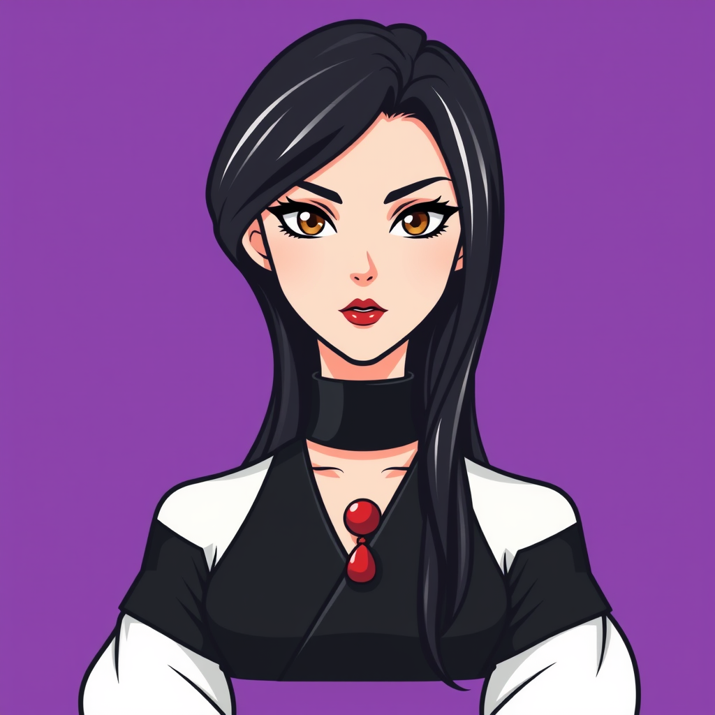 A basic simple vector logo of a beautiful female character with hazel brown eyes, long, dark black hair, wearing a black and white outfit with a red pendant necklace, and a serious face with red lipstick, on a purple background.