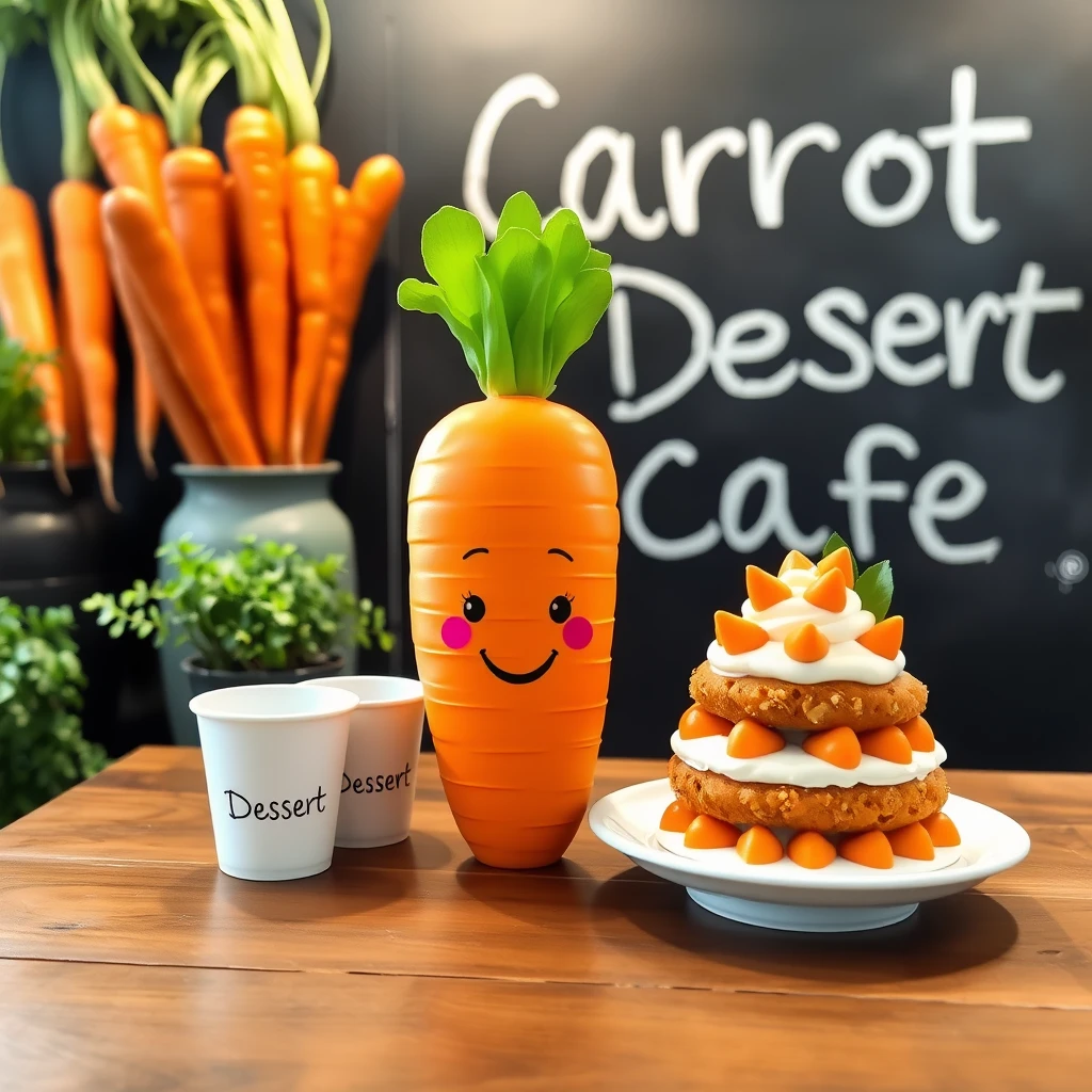 In the center is a carrot character with a smiling face and green leaves, and next to it is a layered dessert decorated with cream and small carrots, perhaps a carrot cake. On the left are two small cups that read "Dessert." There are several actual carrots and potted plants in the background, making the cafe's theme stand out. On the blackboard in the background, the words "Carrot Desert Cafe" are written in large letters, indicating that this is a cafe specializing in carrot desserts. Overall, it is placed on wooden tables or surfaces, creating a cozy and simple atmosphere.