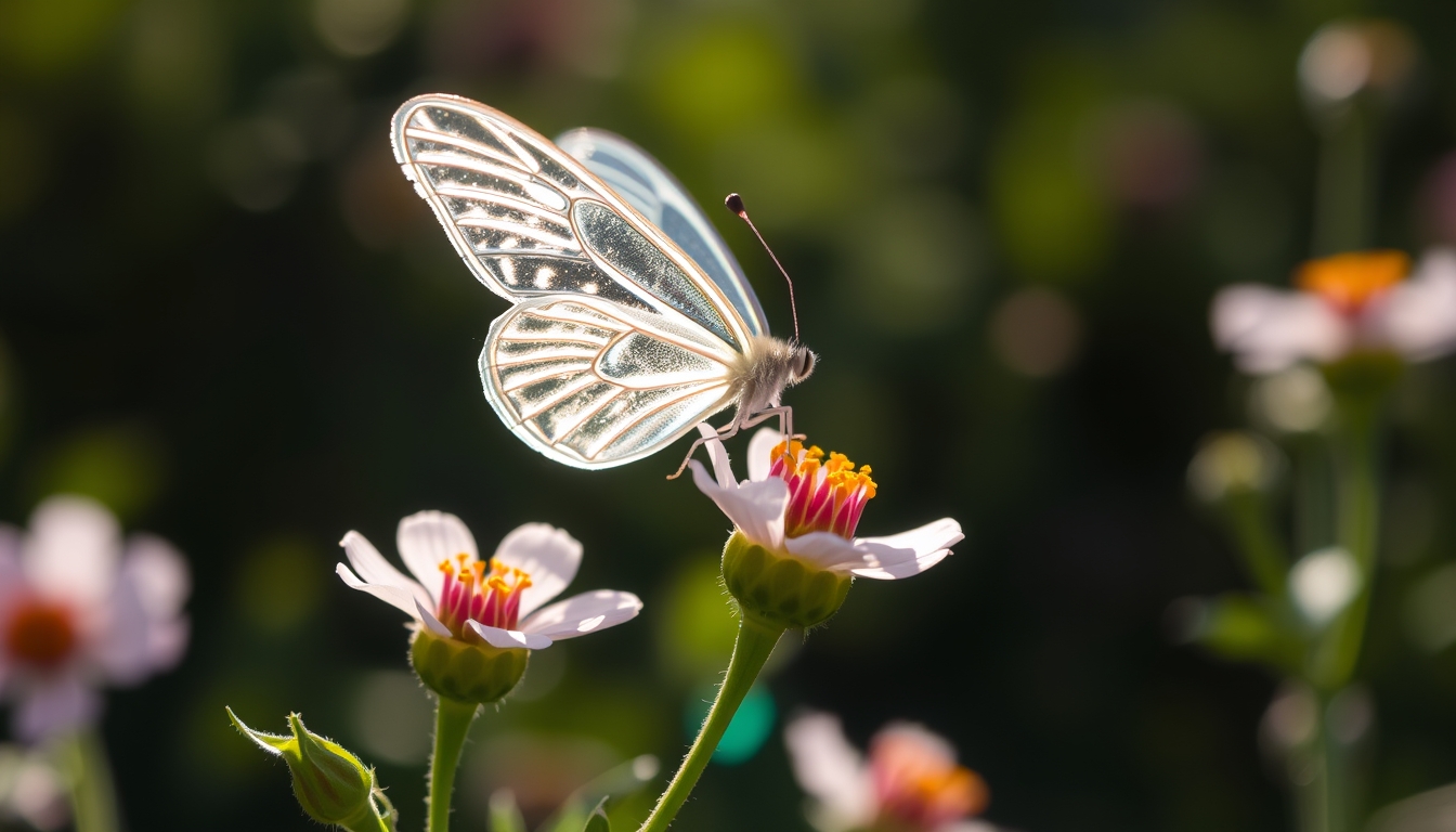 A delicate glass butterfly perched on a blooming flower, catching the sunlight.