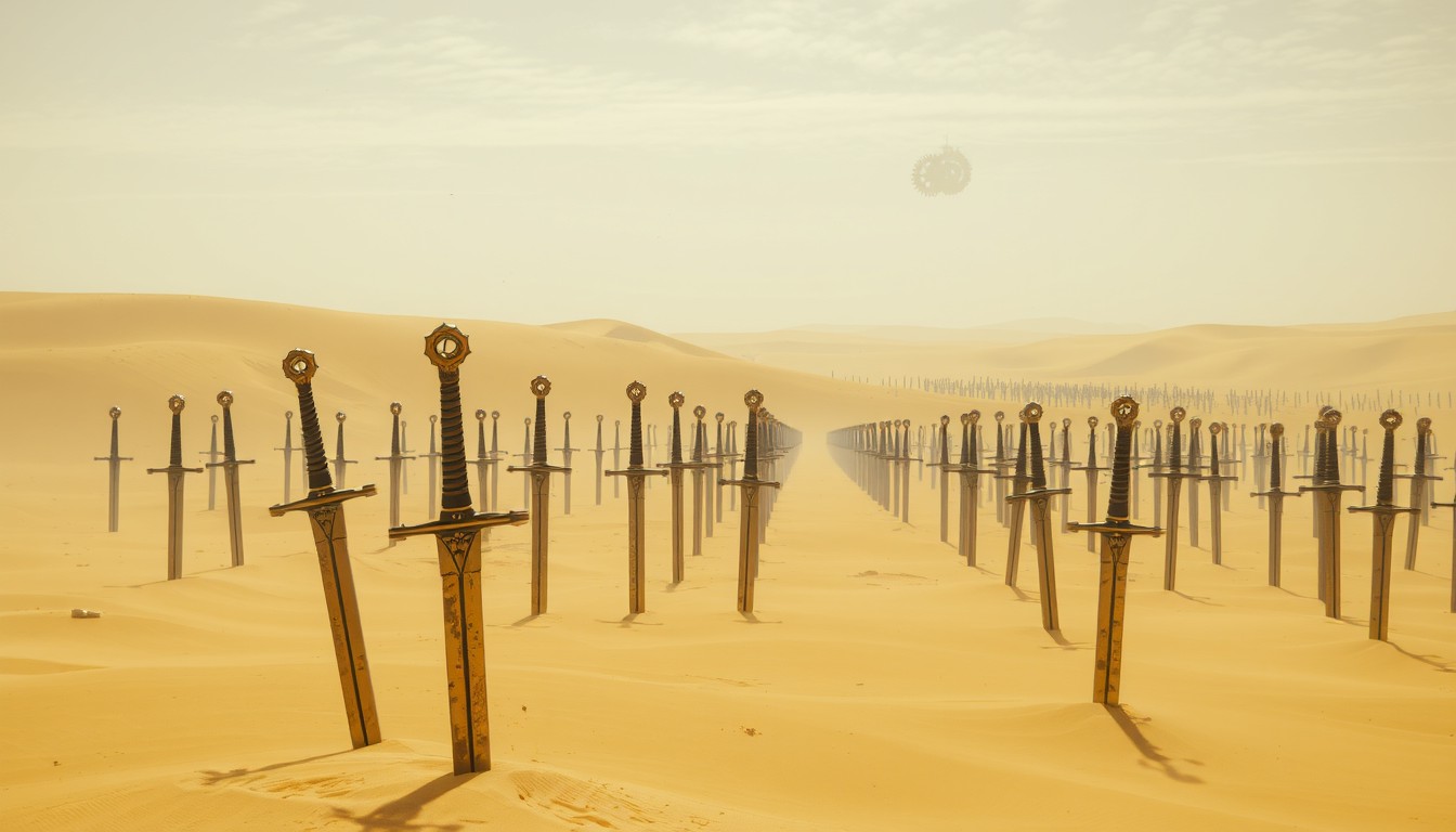 In a desolate desert, yellow sand floats in the sky, and one sword after another is inserted into the desert. In the distance, there are more densely packed swords inserted into the ground. In the distant sky, three huge gears can be faintly seen suspended in the air. - Image