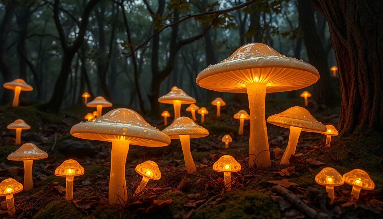 A magical forest with glowing glass mushrooms scattered around. - Image