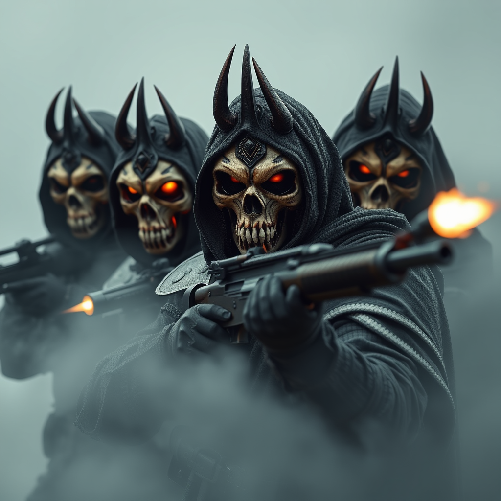 Team of British special forces merges with demonic Knights Templar aesthetic. Skull-faced masks with glowing eyes, razor-sharp teeth, and prominent horns. Firing weapons with visible muzzle flashes. Draped in thick chainmail veils and bulletproof ancient armor. Shrouded in dark mist, emanating an aura of intimidation and fear. - Image