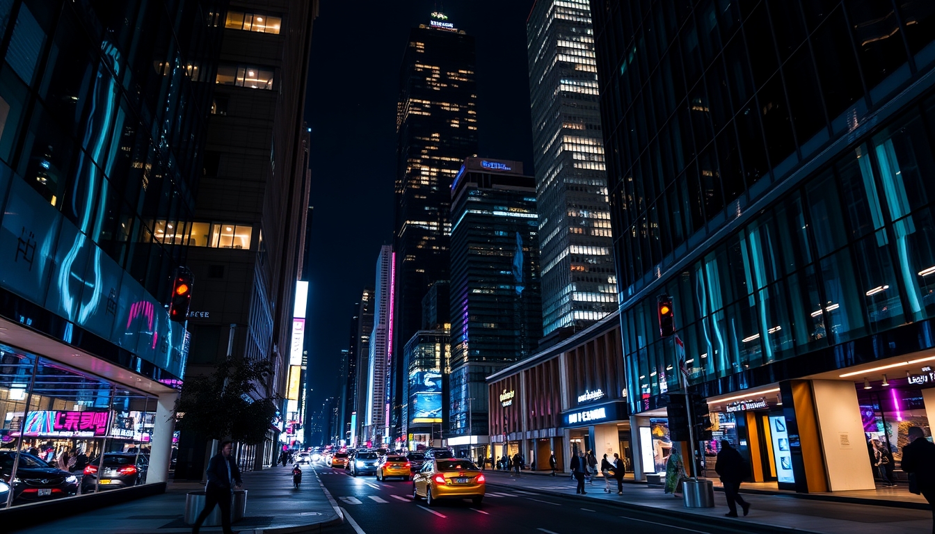 A vibrant city street at night, with reflections in the glass windows of skyscrapers. - Image