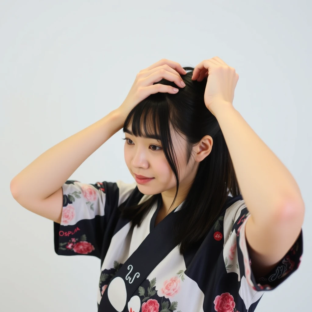 A young Japanese woman is tying her hair. - Image