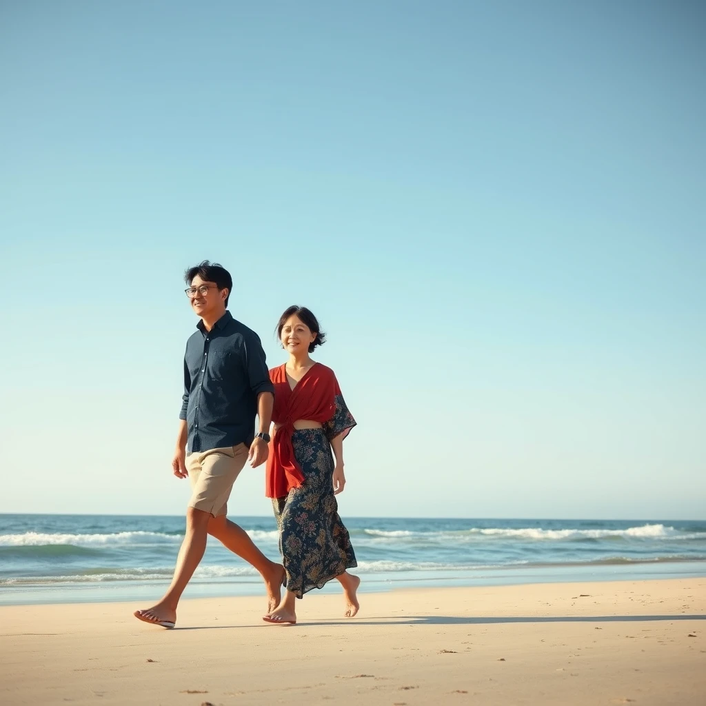 "Please generate a realistic image of a middle-aged Korean couple walking on the beach."