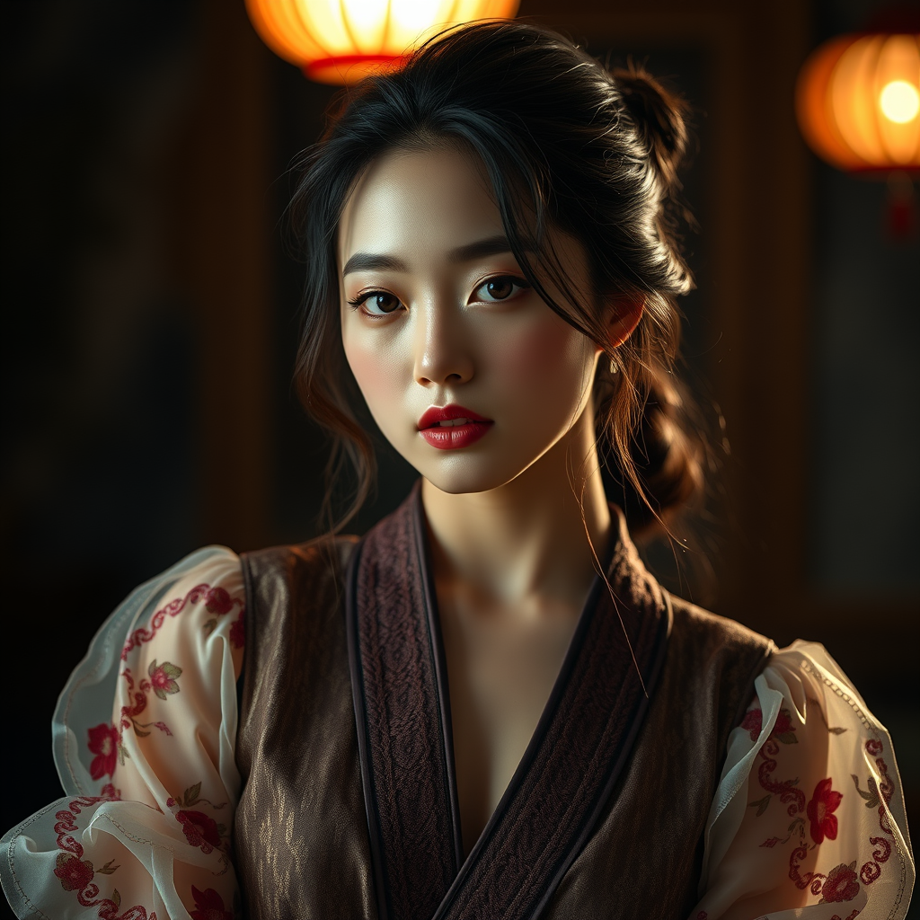 Full-figured Korean beauty, enigmatic exposure, aid-style elegance, high-end artistic photography, nuanced lighting, --ar 3:4