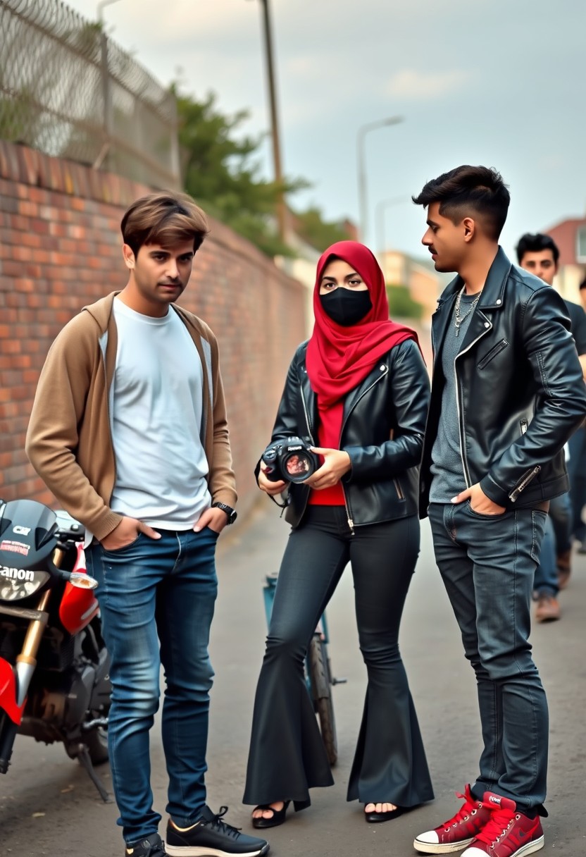 Jamie Dornan and Freddie Prinze, head and body shot, handsome, young, serious face, dark brown hair, white T-shirt, college jacket, skinny jeans, sneakers, standing, discussing with two guys and a young Muslim girl wearing a short red hijab, beautiful eyes, black face mask, black leather jacket, bell-bottom jeans, red sneakers, holding a Canon DSLR camera, near a town road, superbike, hyper-realistic, street photography, brick wall, full-body photo, three other random friends in the back. - Image