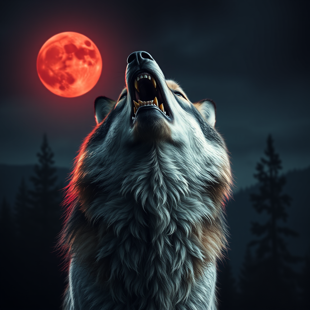 A horror style ultra realistic photography of a wild mountain wolf with sharp teeth howling at the bloody red moon.