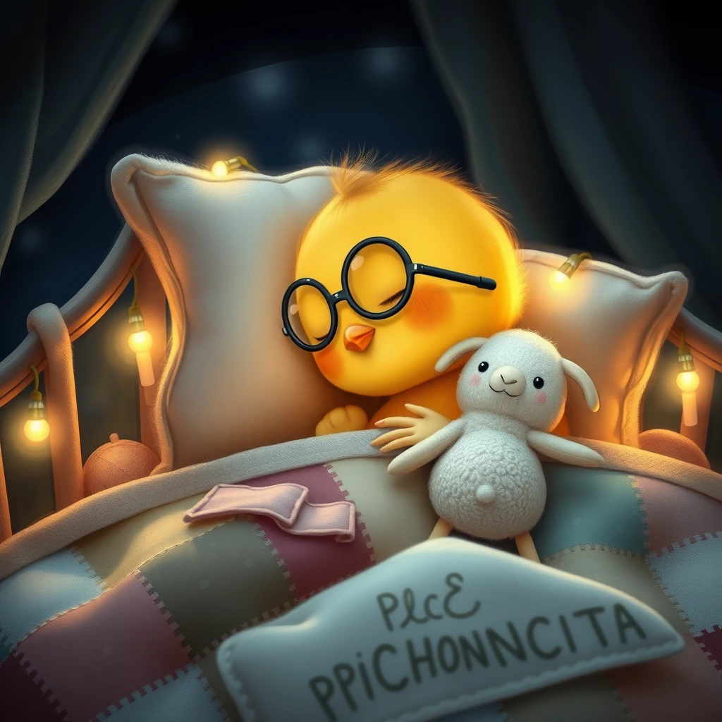 It's night. A sweet delicate little chick, cute with a small rounded beak, is wearing glasses, resting its head on the pillow deeply asleep in its precious little bed with tiny jingling bells, soft colored lights, and childish details that have the name PICHONCITA written on it, cuddled up in patchwork blankets with a tiny adorable stuffed sheep. - Image