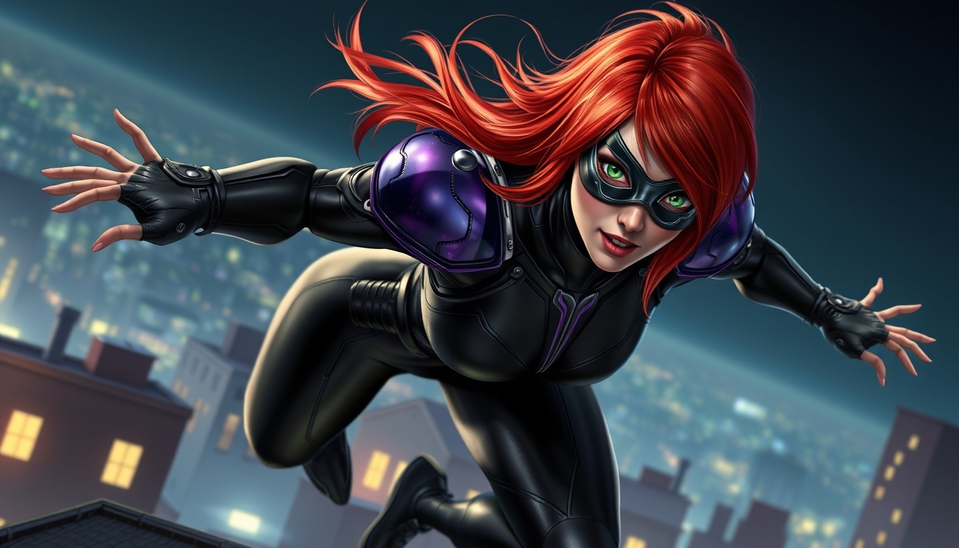 Red head with dark green eyes, metallic eye mask, a black futuristic spandex outfit with dark purple armor on her shoulders, jumping rooftops in the night sky, realistic and dynamic appearance. - Image